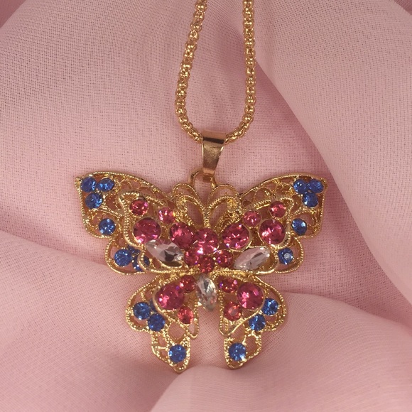 Jewelry - Butterfly Necklace BLUE & PINK RHINESTONES